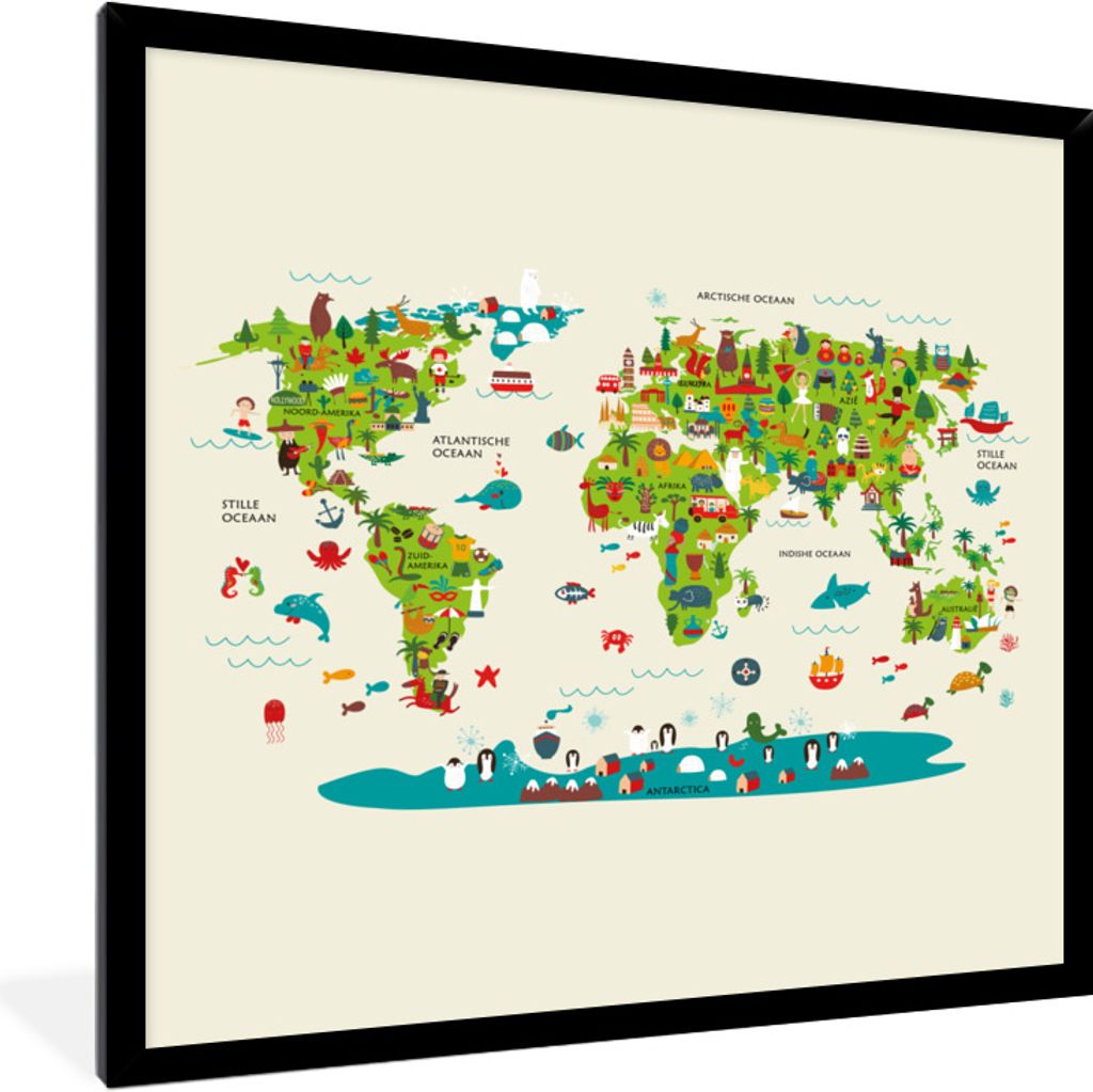MuchoWow Gerahmtes Poster Weltkarte Kinder - Farben - Atlas 40x40 cm - Poster mit Schwarzem Bilderrahmen Wandposter Rahmen Foto Bilder - Mit Rahm...