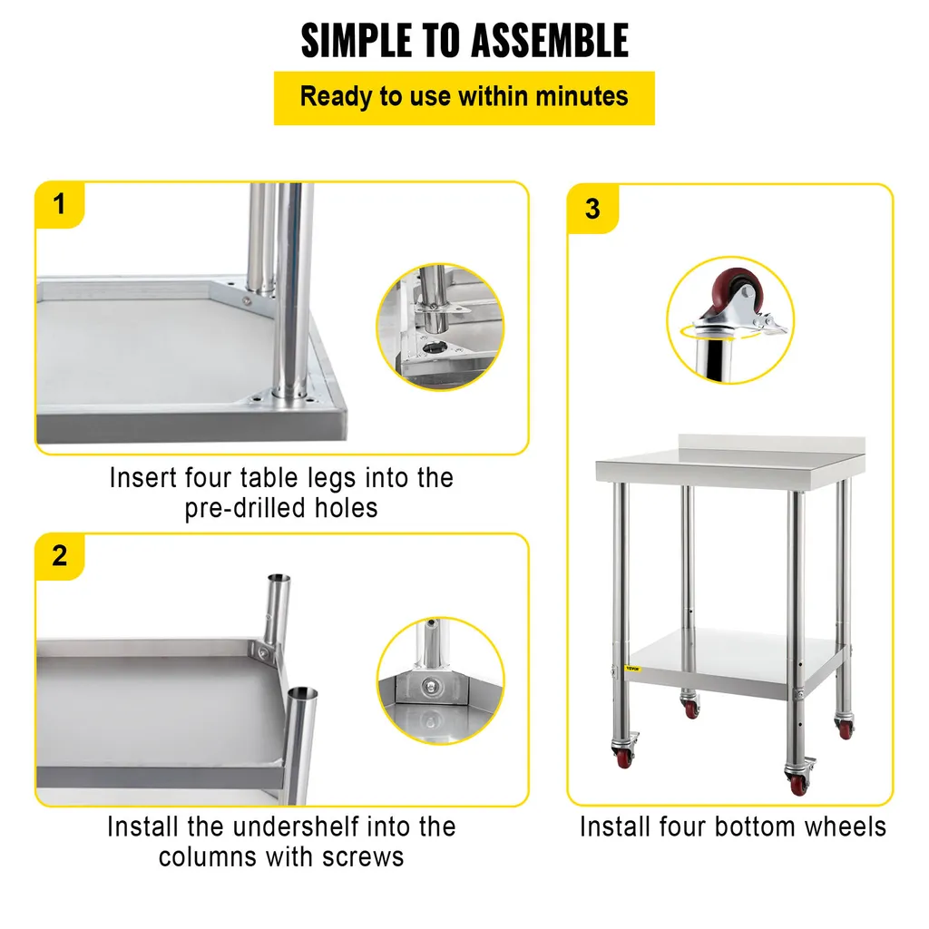 Table inox cuisine VEVOR robuste 440 lbs - Solution stockage mobile