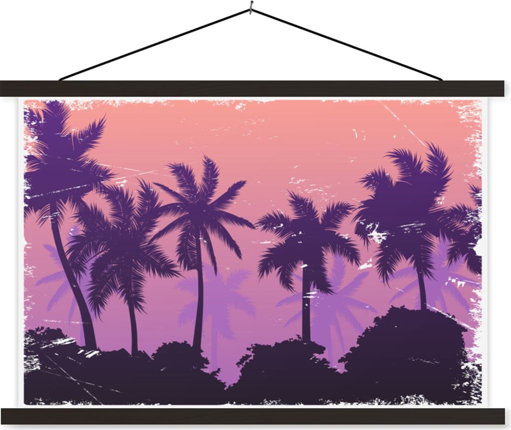 MuchoWow Textilposter Palme - Nacht - Sommer - Zeichnung 60x40 cm mit schwarzem Rahmen - Hölzernes