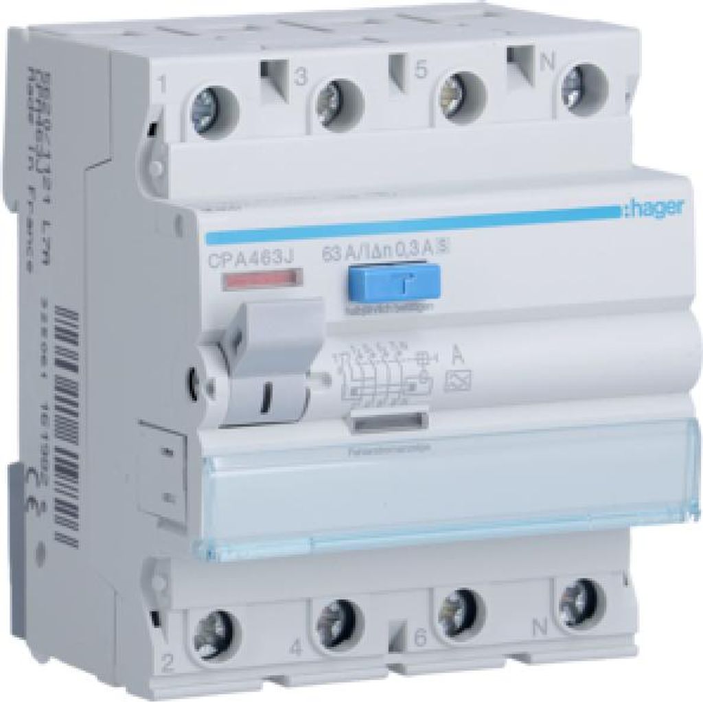 HAGER RCCB Fehlerstromschutzschalter 3P+N 63A 300mA 6kA S Produktbild 