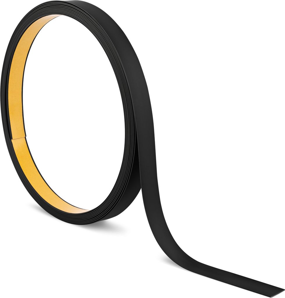 A roll of black PVC flat profile with adhesive backing, shown in a coiled shape against a white background.