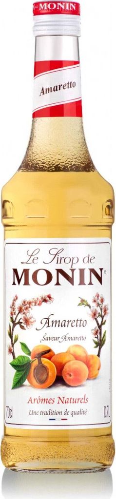 A bottle of Monin Amaretto syrup.