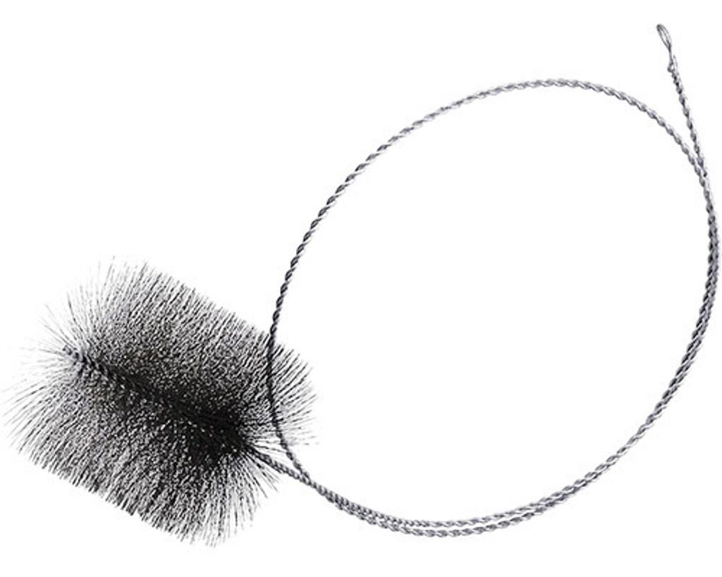 A black brush with a silver wire handle on a white background.