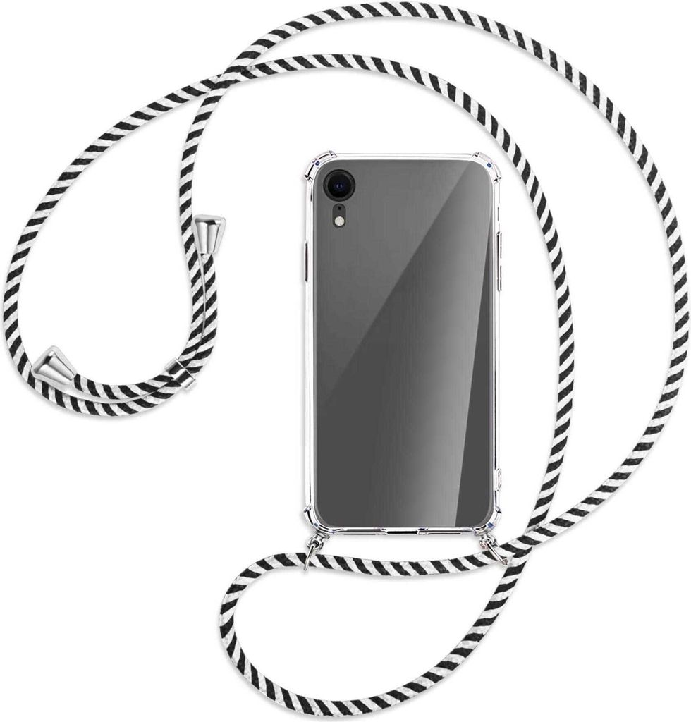 Handykette Backcover-Schutzhülle mit Band (Metall silberfarben) für Apple iPhone XR - schwarz/weiß gestreift