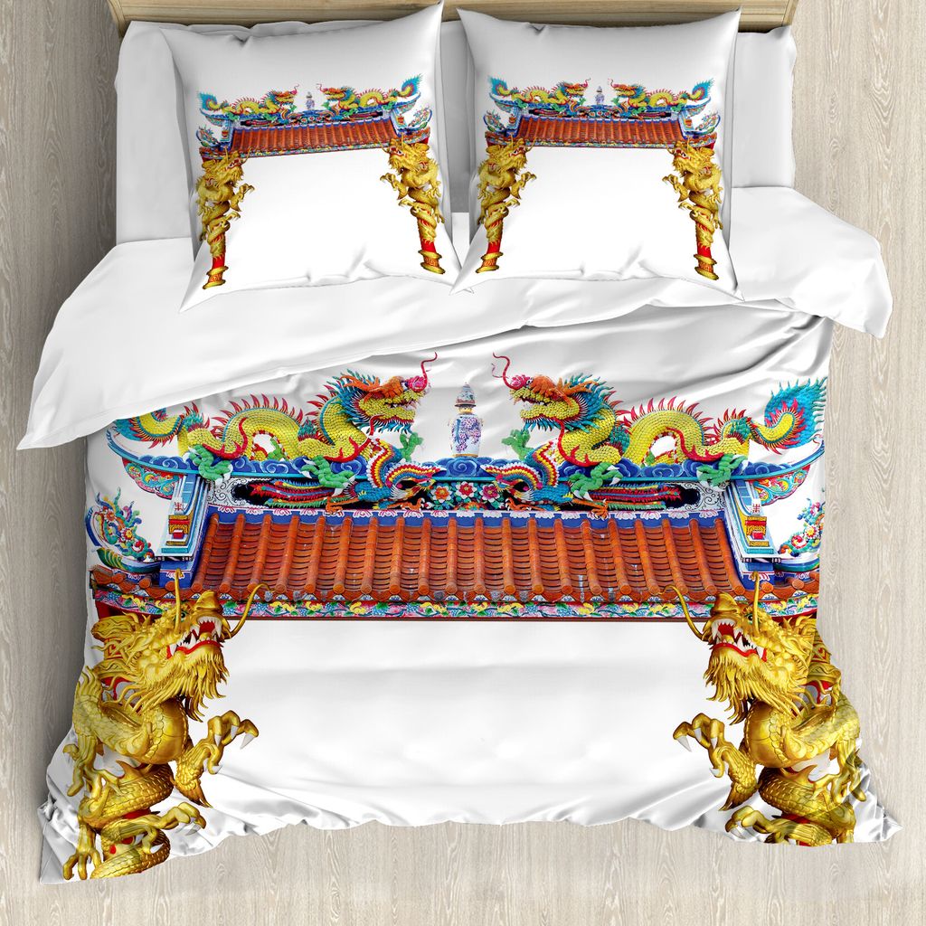 ABAKUHAUS Drachen Bettbezug, Eastern Gebäude und Drachen, Milbensicher Allergiker geeignet mit Kissenbezügen, 200 cm x 200 cm - 80 x 80 cm, Gelb ...