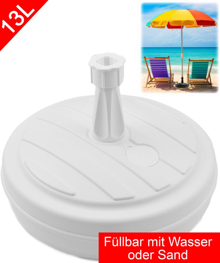 Schirmständer Schirmhalter Sonnenschirmständer aus Kunststoff Rund 13L - für Garten, Terrasse, Strand - befüllbar mit Sand, Wasser, Kies - Weiß