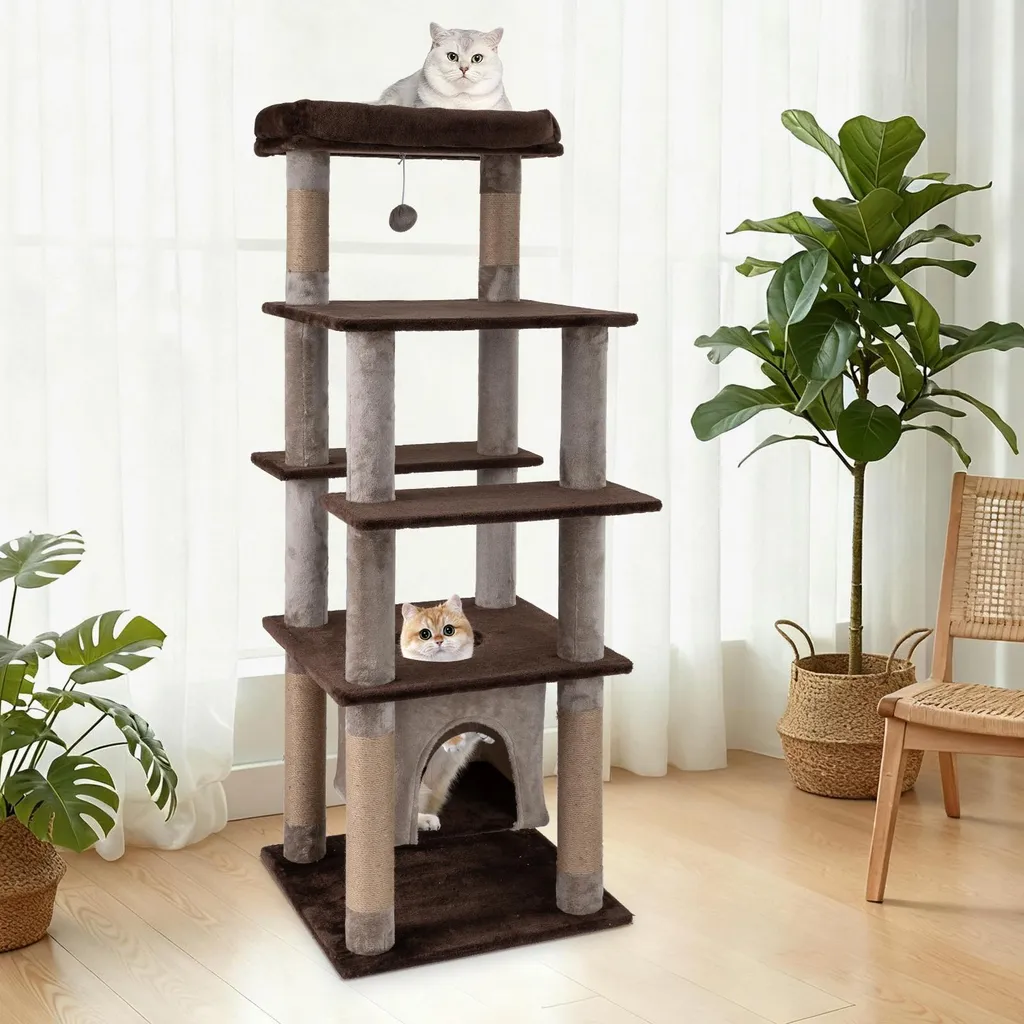 Arbre à chat de 148 cm idéal pour appartement avec aire de jeux brune