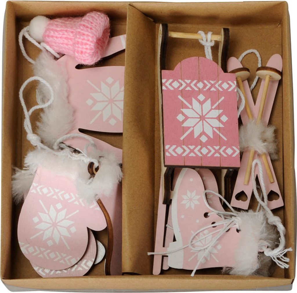 Anhänger MOUNTAIN rosa weiß aus Holz Weihnachtsanhänger Schlittschuhe Skier 6tlg.