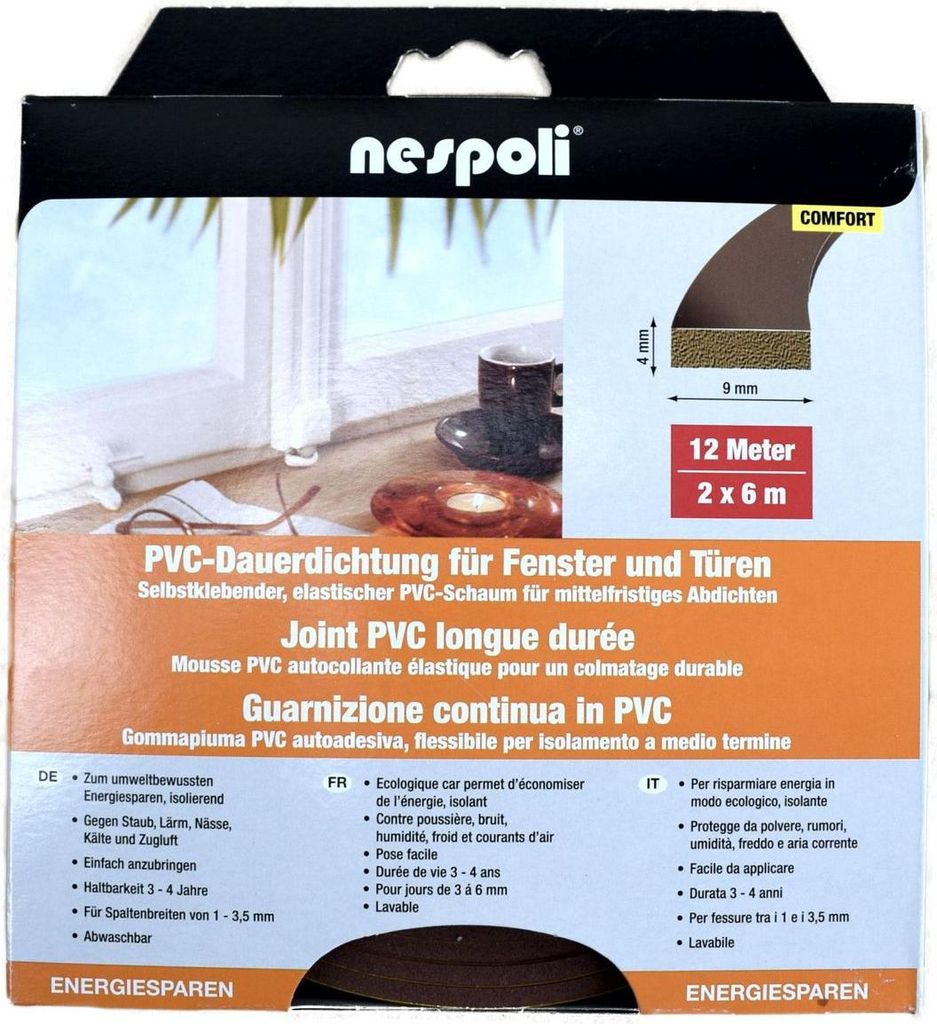 Nespoli PVC-Fenster- und Türdichtung je 6 m, 9 x 4 mm, braun, 2 Stück