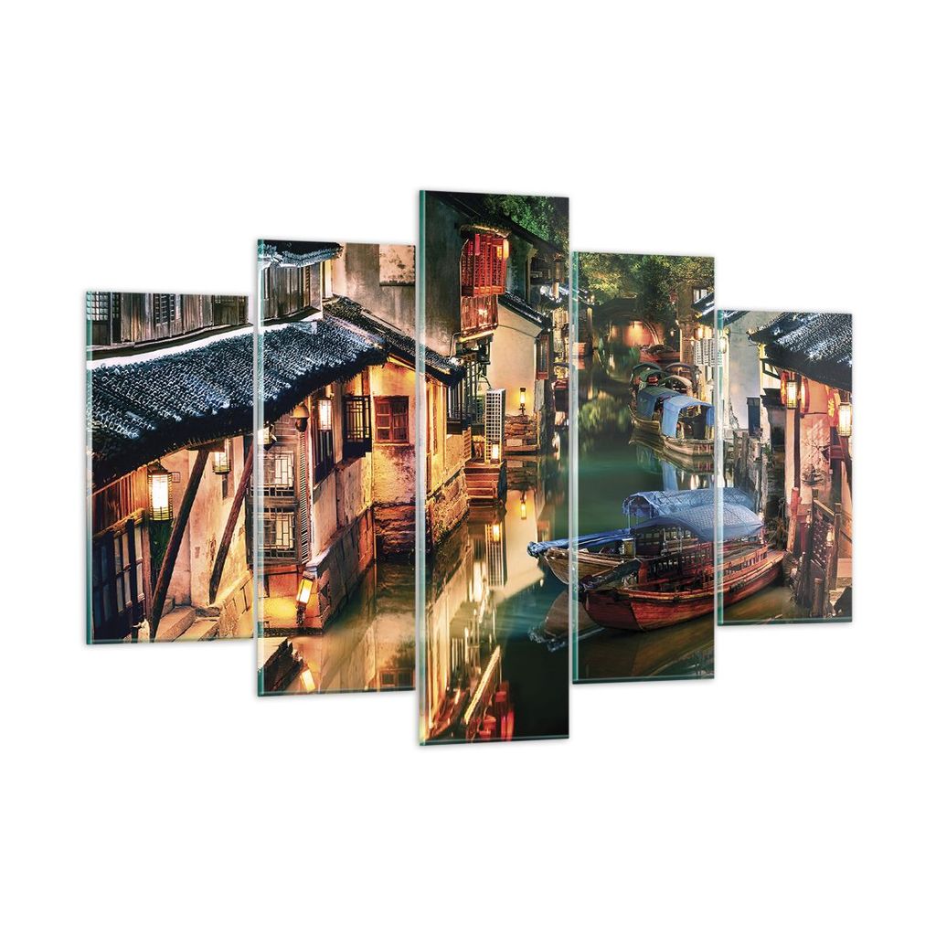 Bilder auf glas - 5 Teile - Chinesisch Stadt Nacht - 150x100cm - Glasbilder - Wandbilder - Bilder - zum Aufhängen bereit - Wanddekoration aus Glas...