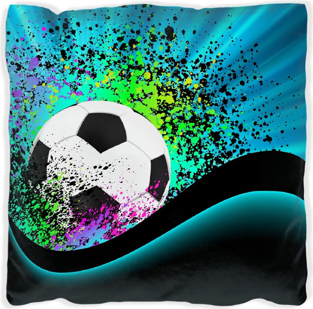 Wallario Premium Kissen, weiche Oberfläche, mit Motiv Fußball - Design Wellen und Regenbogen in blau, Größe: 60 x 60 cm, mit weißer Rückseite