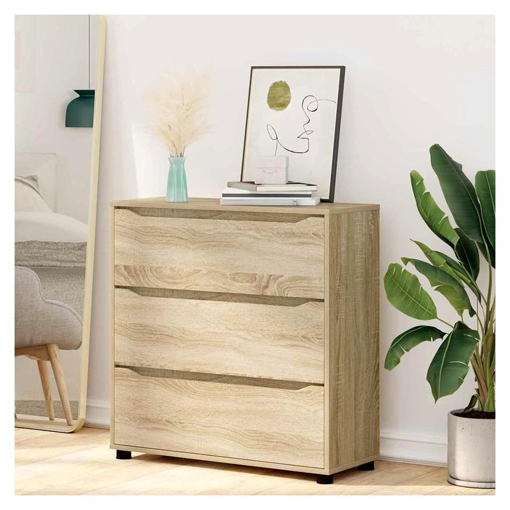 Minimalistischer Holzwerkstoff-Speicherschrank mit Schubladen, Sonoma-Eiche, 80x31x81 cm - Für Schlafzimmer und Wohnzimmer