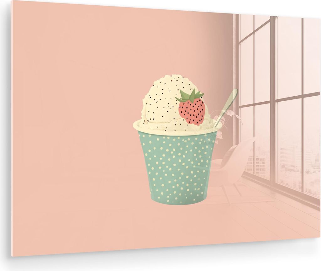 MuchoWow Glasbilder - Bilder auf Wandbild - Foto auf Glas Tablett - Eiscreme - Erdbeere - Rosa 90x60 cm Wanddekoration aus Glas - Acrylglasbild - A...