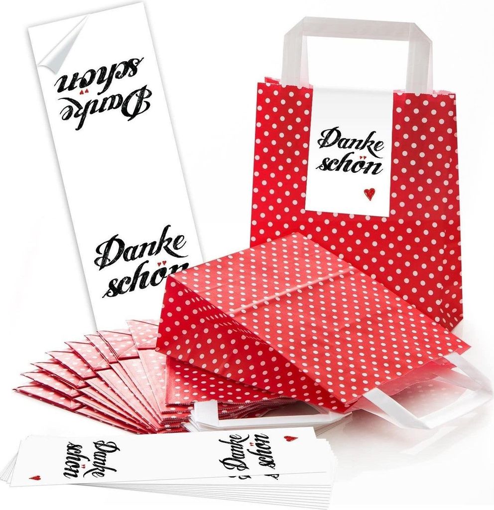 10 kleine rote Papiertüten 18 x 8 x 22 cm Henkel + Boden + 10 schwarz weiße DANKE-SCHÖN Aufkleber - Verpackung Geschenktüten give-away Kunden W...