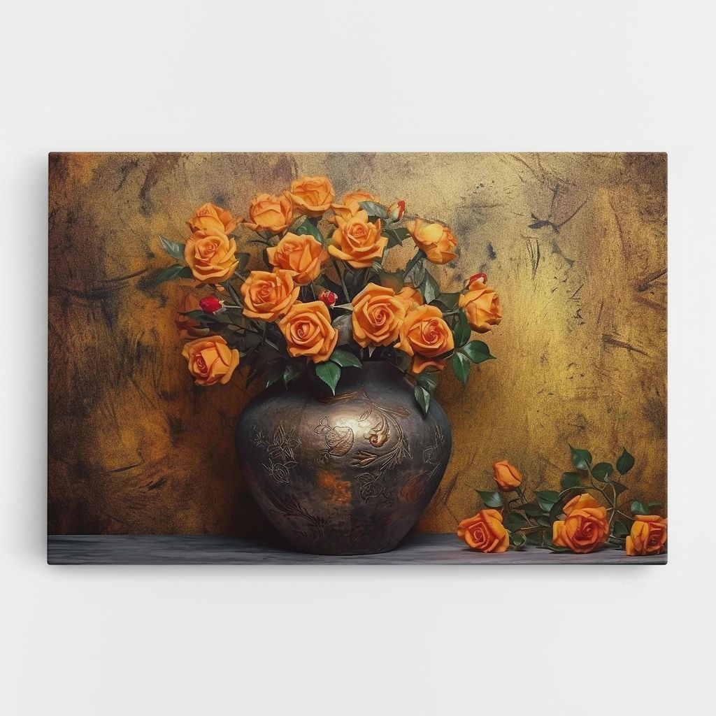 ARTHUB Leinwandbild 40x60 cm, Orange Vintage Vase | Wohnzimmerdekoration, Hängende Bilder, Wanddekoration, Heimdekoration, Blumen, Blumen in der...