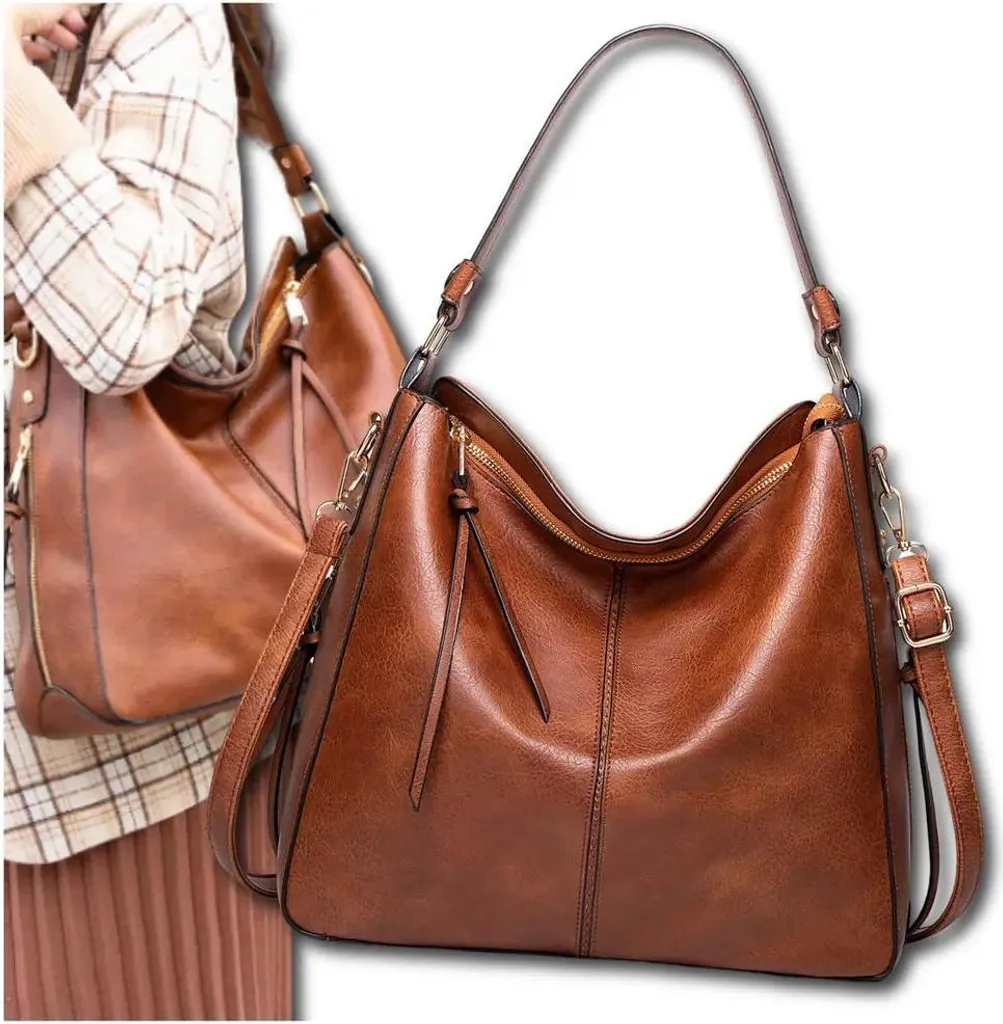 Grande borsa voluminosa in ecopelle ecologica, marrone, 27x40x13 cm