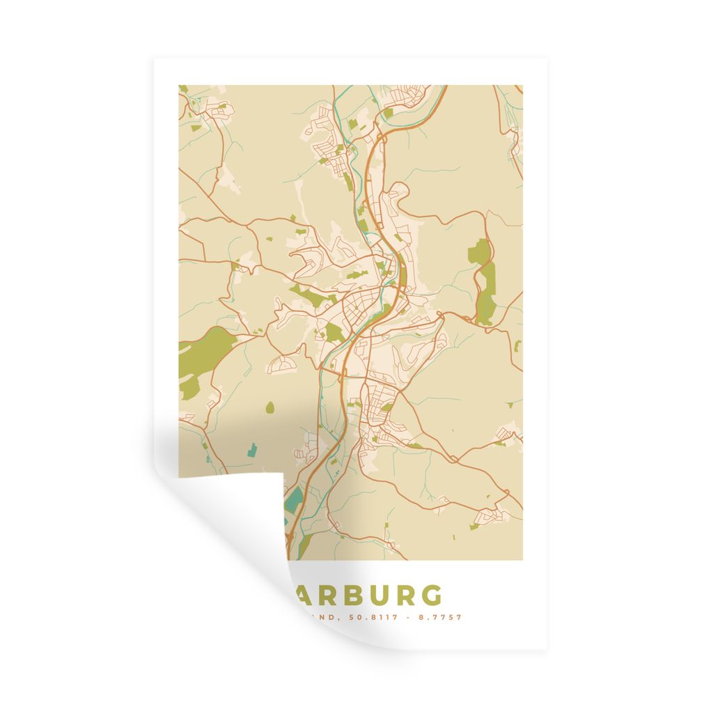 MuchoWow Wandtattoo Wandsticker Wandaufkleber Karte - Marburg - Jahrgang - Karte 80x120 cm Selbstklebend und Repositionierbar - Repositionierbar ...