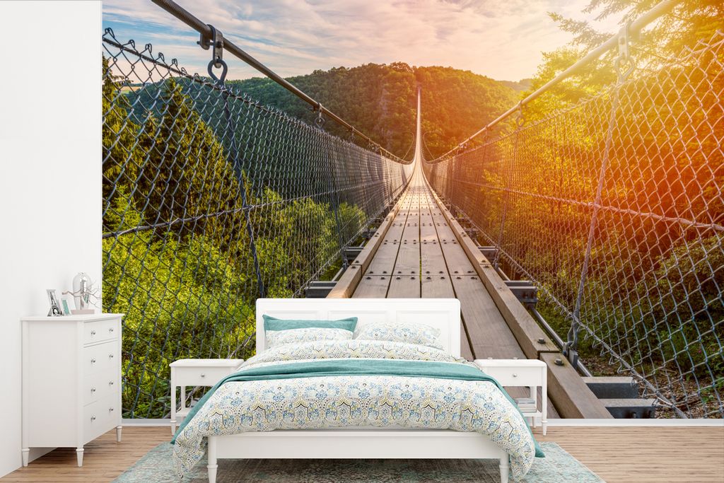 MuchoWow Fototapete für Wohnzimmer oder Schlafzimmer Wandtapete Vinyl Motivtapete Eine Hängebrücke in Deutschland bei Sonnenaufgang - 600x400 ...
