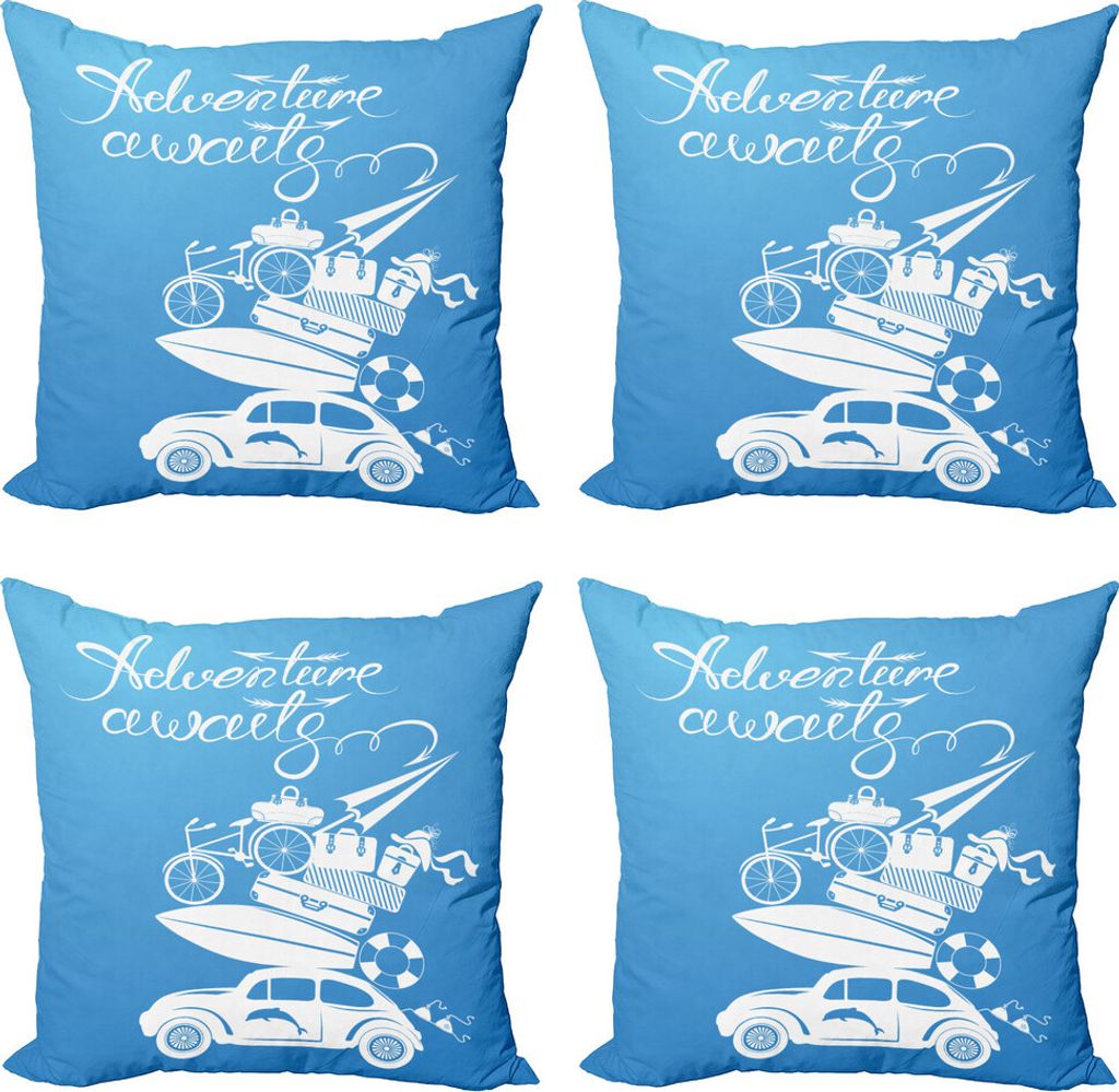 ABAKUHAUS Abenteuer Kissenbezug Set (4 Stück), Sommerferien, Moderner Doppelseitiger Digitaldruck, 40 cm x 40 cm, Blau und weiß