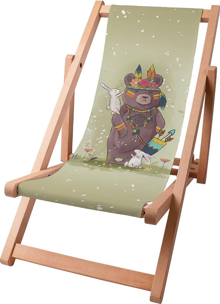Dreamroots Kinder Liegestuhl klappbar Holz, bis zu 130 kg, Sonnenliege klappbar mit 3-stufiger Neigungsregulierung der Rückenlehne, Little Bear Boho