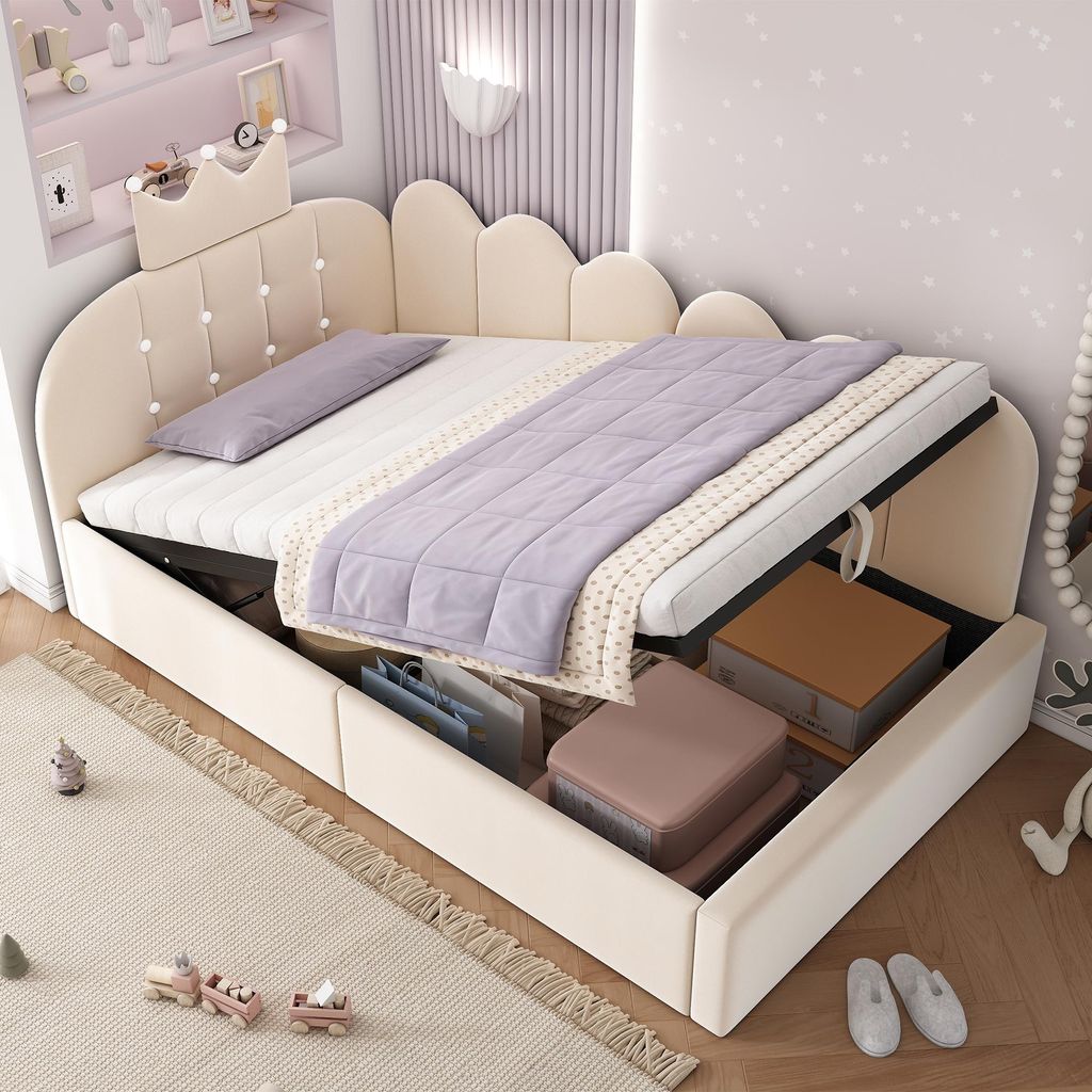 okwish Schlafsofa 90x200 Kinderbett mit hydraulischem Stauraum Polsterbett Einzelbett Gästebett L-Form Kopfteil mit Kronenverzierung Beige (mit Ma...