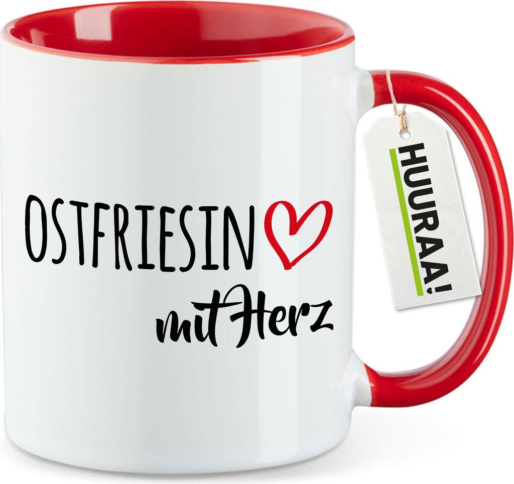 Huuraa Kaffeetasse Ostfriesin mit Herz 330ml Rot Keramik Kaffeebecher Geschenkidee