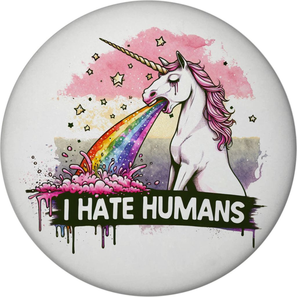 Einhorn kotzt Regenbogen Magnet rund mit Spruch I hate Humans