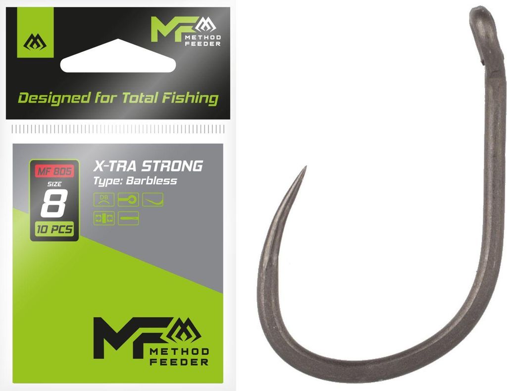 10 x Schonhaken X-TRA STRONG Method Feederhaken BARBLESS Angelhaken mit Öhr # 6