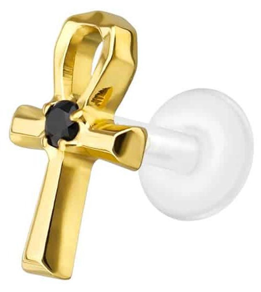 Ohrpiercing, Nasenpiercing PTFE Labret mit Innengewinde + Titan-Aufsatz ANKH Gold Stablänge: 5mm | Stabstärke: 1,2mm