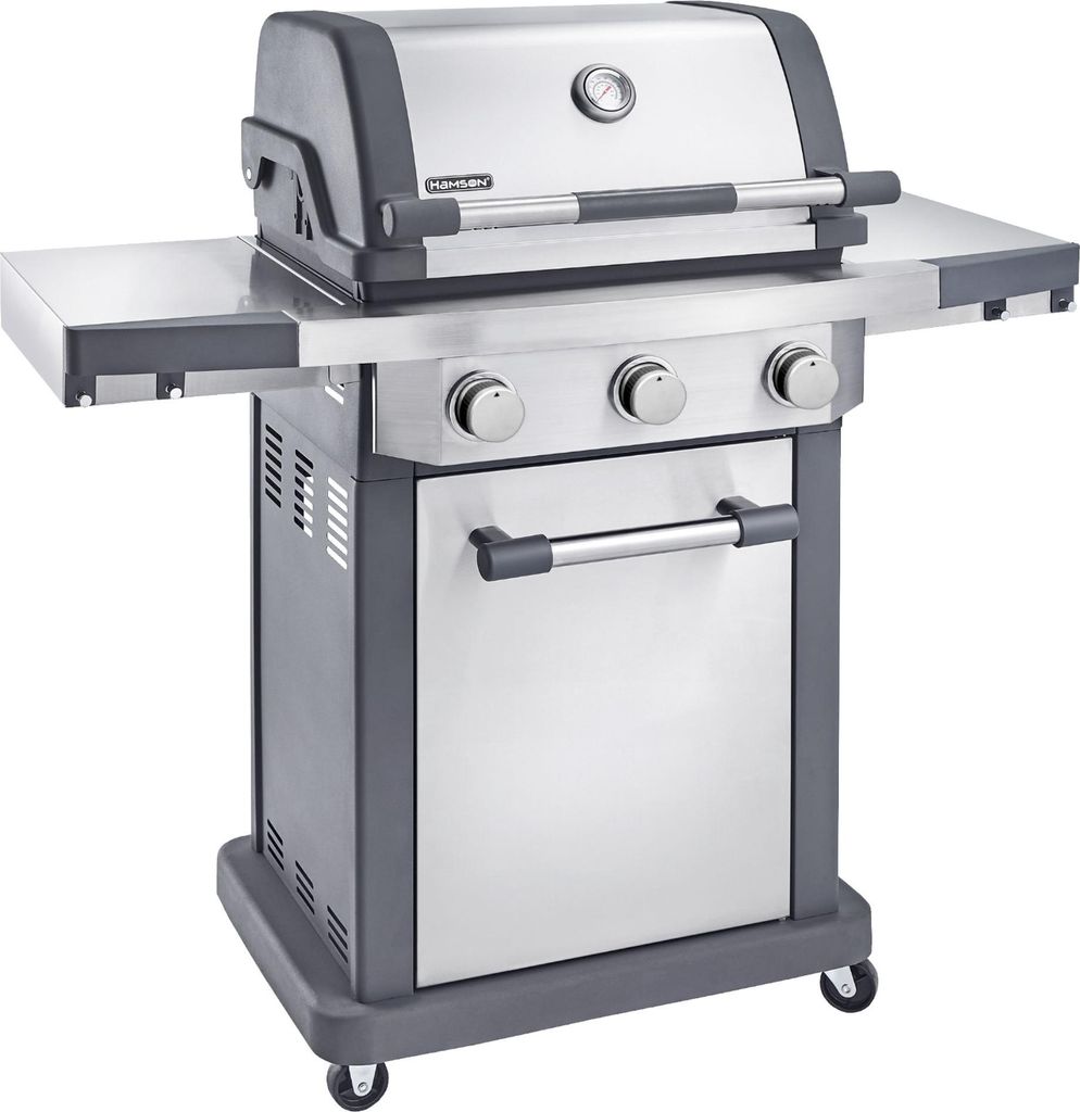 HAMSON Raider 3MR Edelstahl Gasgrill | Grill mit 3 Edelstahlbrennern | Zweiteiliger Gussgrillrost, Thermometer, Aromasystem, Klappbare Seitentische