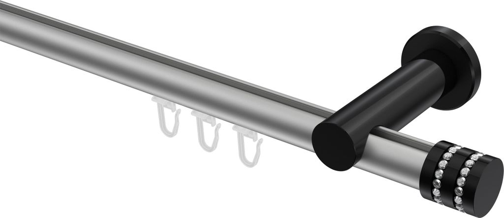Interdeco Innenlaufstange / Gardinenstange mit Innenlauf Silbergrau / Schwarz, Typ Platon Estana (Glitzerkappe), 20 mm Ø 1-läufig, 540 cm