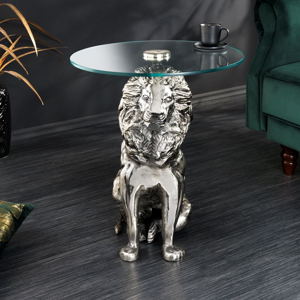 riess-ambiente Runder Beistelltisch WILDLIFE LION 60cm silber antik Metall Glas Löwen Skulptur Couchtisch Tisch Wohnzimmertisch