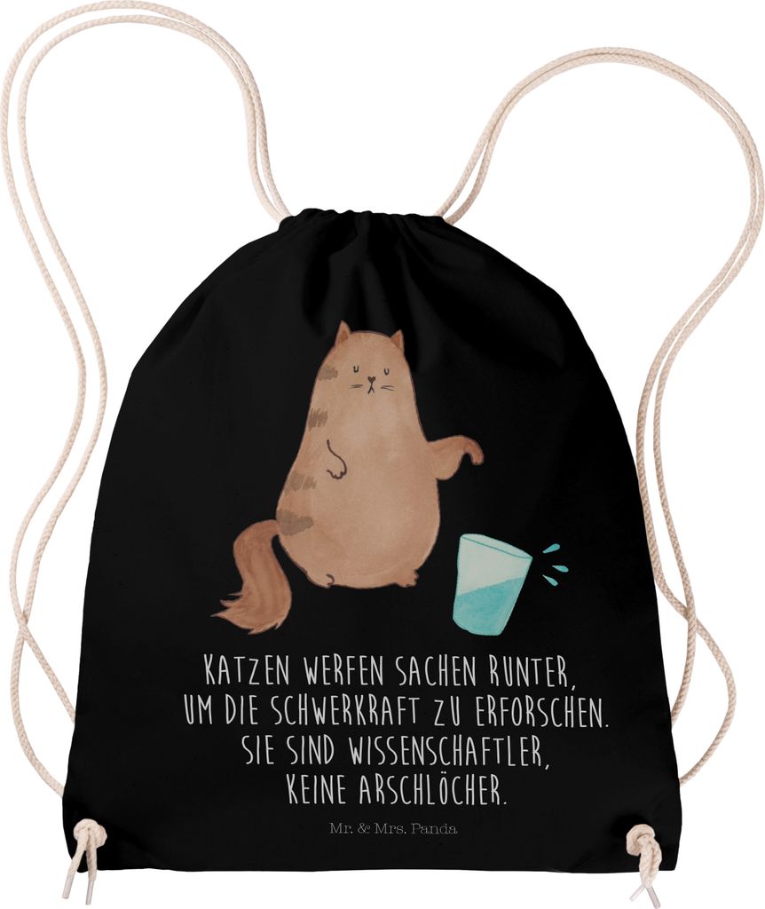 Mr. & Mrs. Panda Turnbeutel Katze Wasserglas - Schwarz - Geschenk, Beutel, Cat, Stoffbeutel, Kater, Neugierig, Cats, gymnastiktasche, wander rucksa...