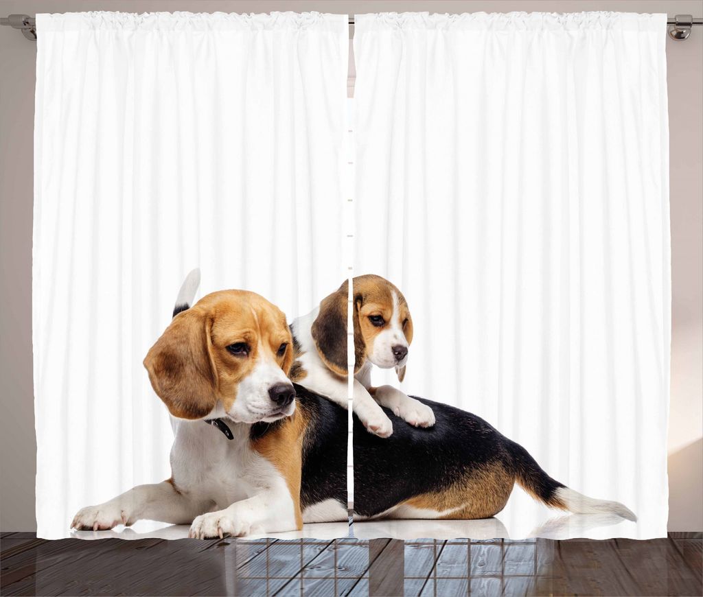 ABAKUHAUS Beagle Rustikaler Gardine, Familie Mutter-Baby, Schlafzimmer Kräuselband Vorhang mit Schlaufen und Haken, 280 x 245 cm, Pale Caramel Wei...