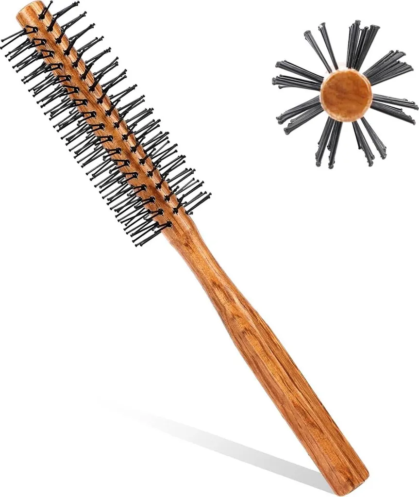 Brosse ronde anti-frisottis en bois et nylon pour volume et brillance
