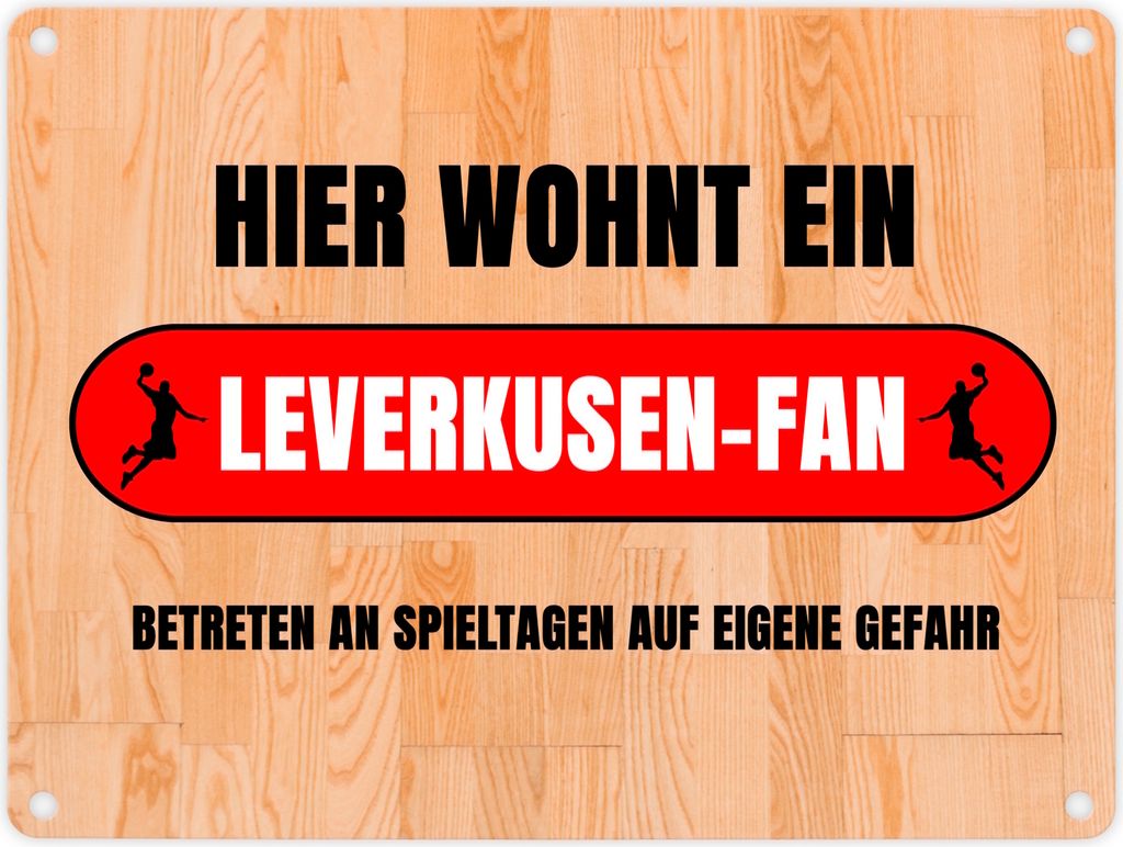 Hier wohnt ein Leverkusen-Fan Metallschild in 15x20 cm mit Turnhallenboden Motiv