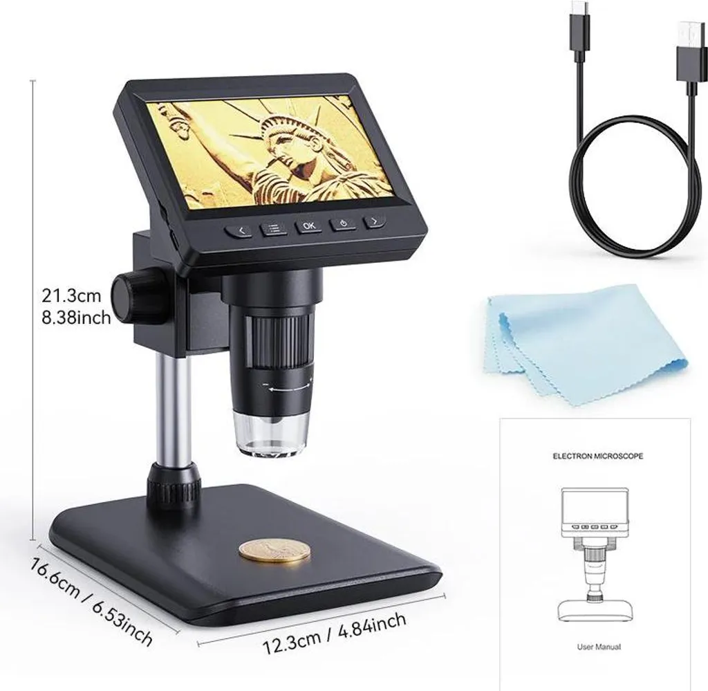 Microscope numérique avec écran LCD 4,3 pouces et 8 LED réglables noir