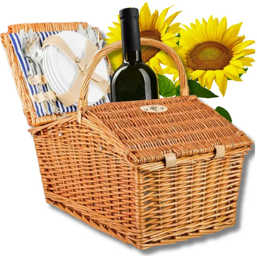 Panier pique-nique isotherme en osier avec vaisselle et assiettes pour 4 pro