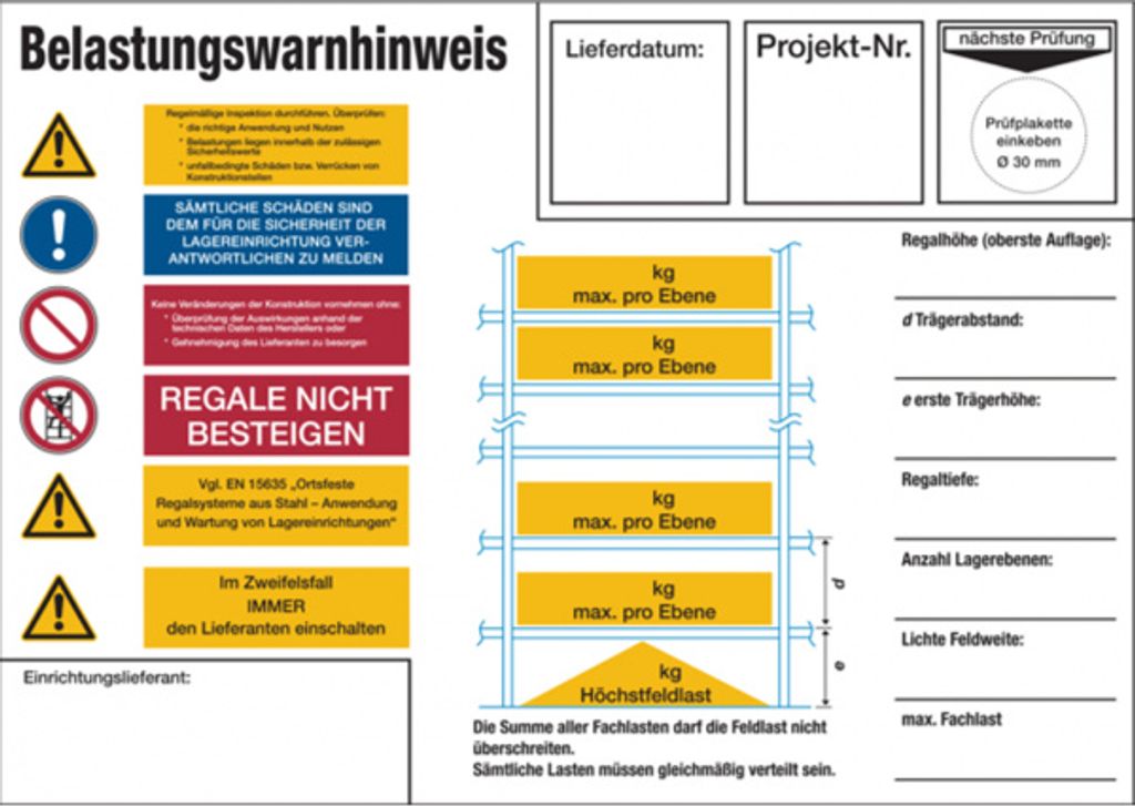 Dreifke Regalkennzeichnung mit Belastungswarnhinweisen, Fachbodenregal - DIN...