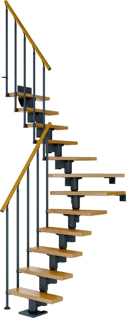 Dolle Mittelholmtreppe Dublin 1/4 gewendelt aus Eiche lackiert 61 cm breit für GH 259–315 cm UK Metall Anthrazit mit Einzelstabgeländer