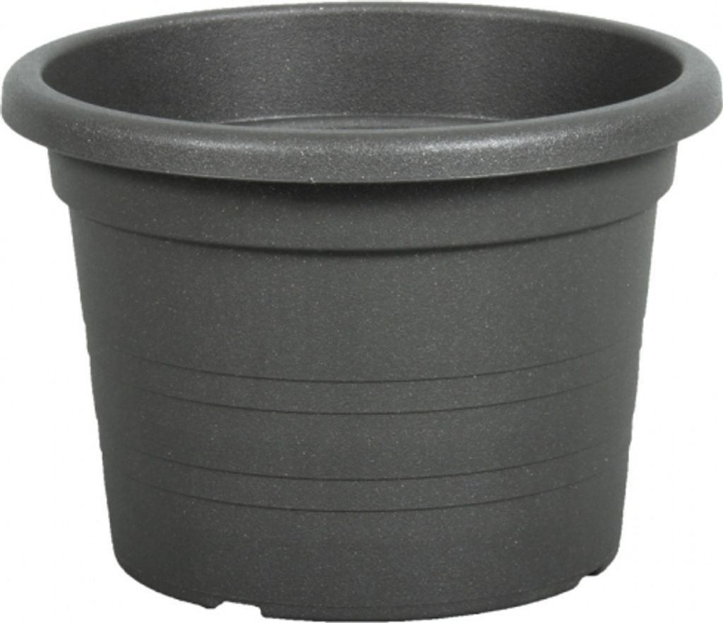 A dark gray plastic planter pot is shown against a white background.