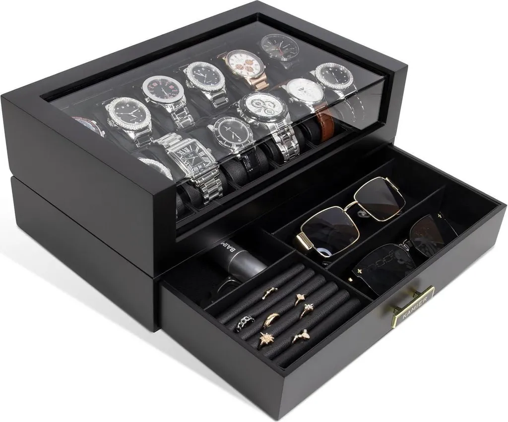 Boîte à Montres Anti-Poussière 12 Slots en Bois avec Tiroir Organiseur