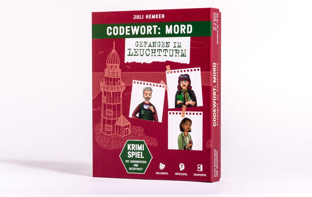 Codewort: Mord. Gefangen im Leuchtturm. Krimidinner-Rollenspiel und Kochbuch. Für 6 Spieler ab 12 Jahren.
