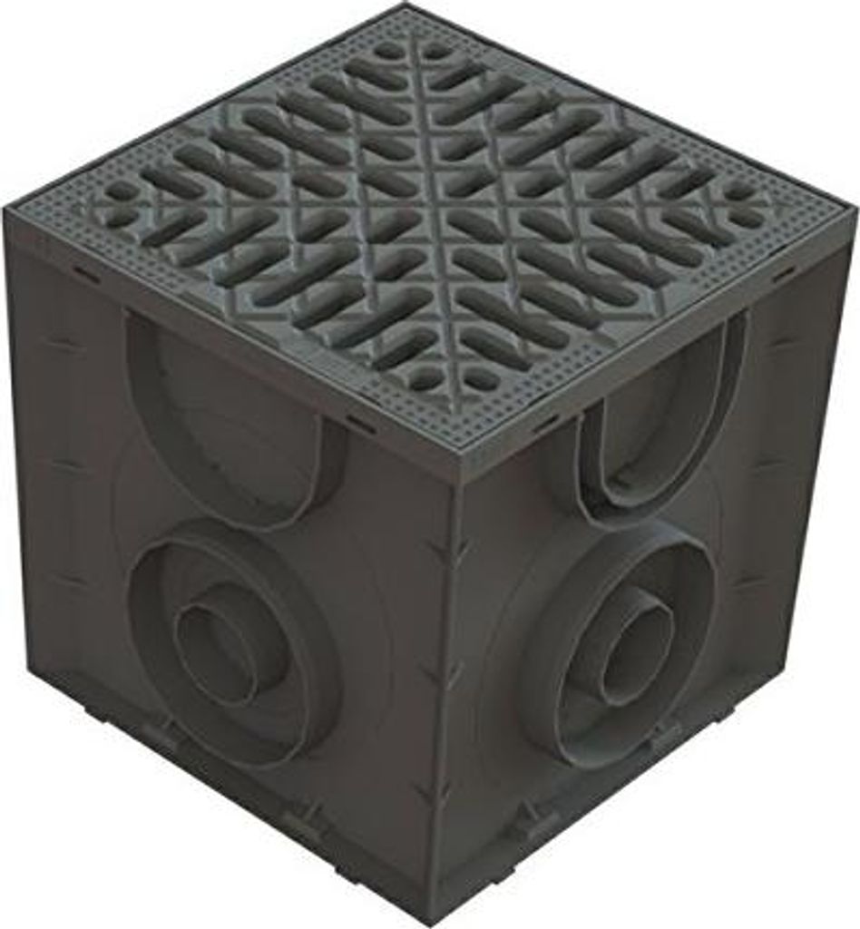 A 3D rendering of a drainage grate and collection box.