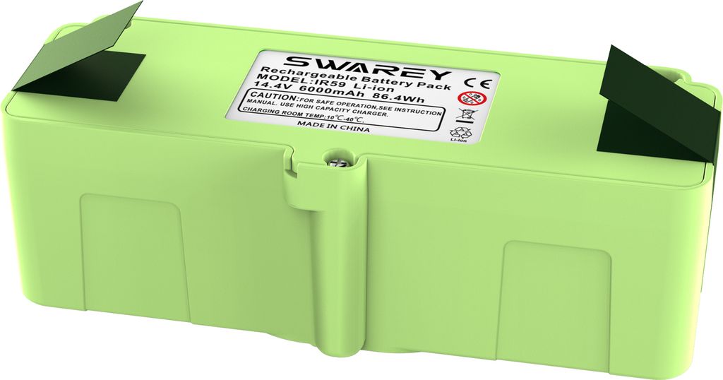 A green rechargeable battery pack with a label on top.
