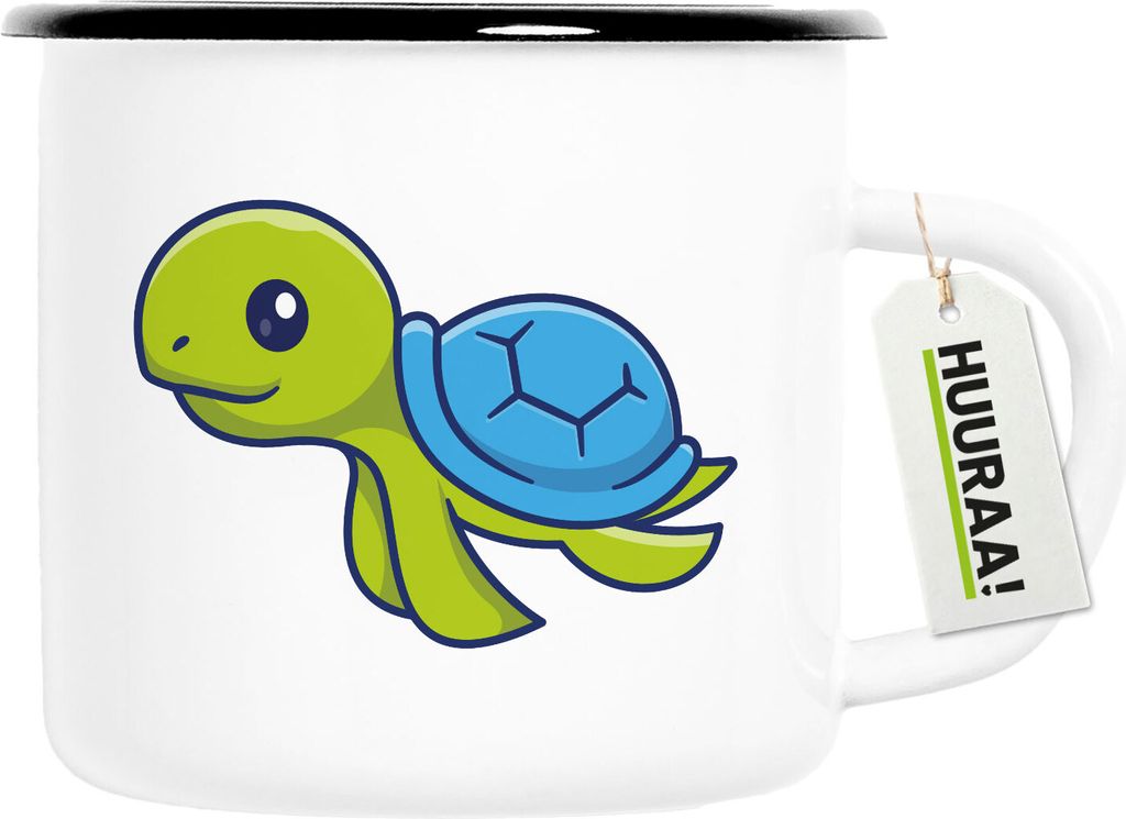 Huuraa Emaille Tasse Schildkröte Comic 300ml Vintage Campingbecher Geschenkidee