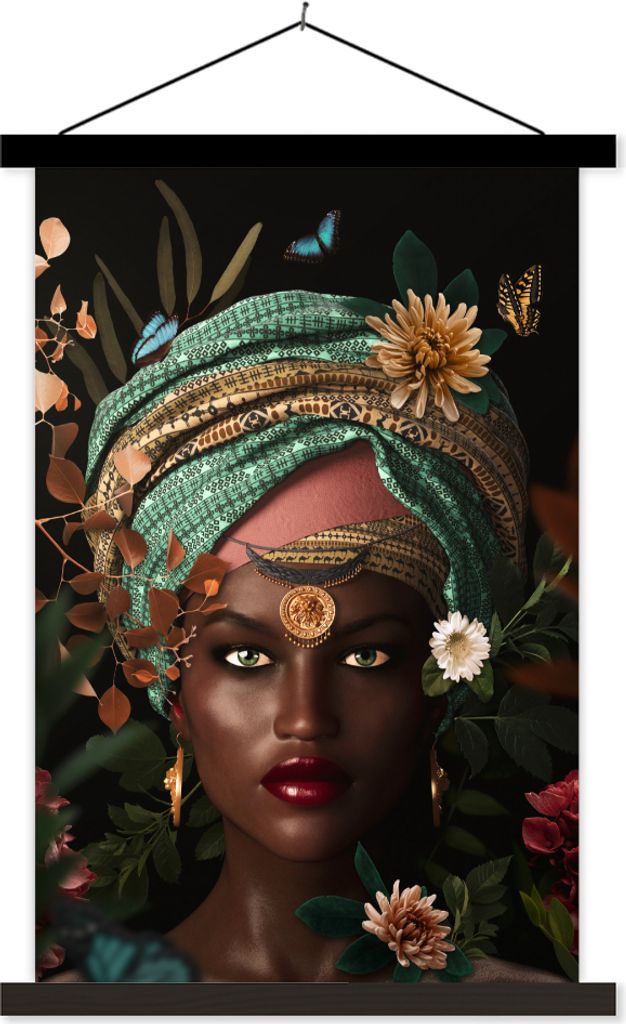 MuchoWow Textilposter Frau - Blumen - Schmetterlinge - Pflanzen - Schmuck - Luxus 120x180 cm mit schwarzem Rahmen - Fotos