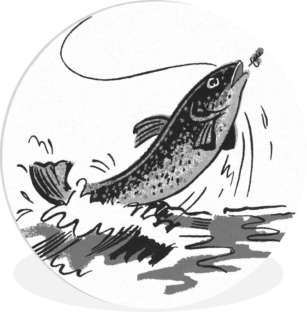 MuchoWow Rundes Wandbild - Runde Bilder Illustration eines Fisches, der aus dem Wasser kommt - schwarz und weiß Ø 90 cm Kreis Wanddekoration Ku...