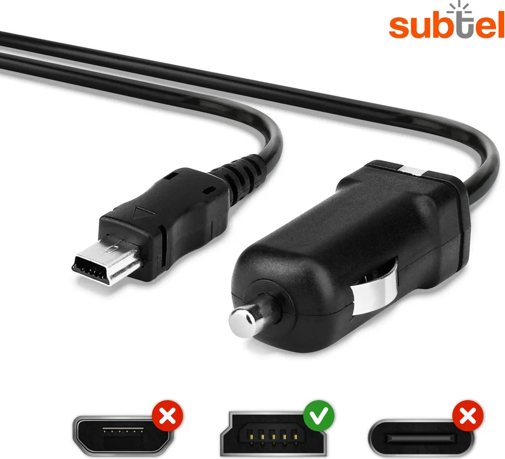 subtel Caricatore Mini USB da auto 1m compatibile con cavo ricarica per navigatore GPS, da 2.4A / 2400mA 5V caricabatteria da accendisigari - 3