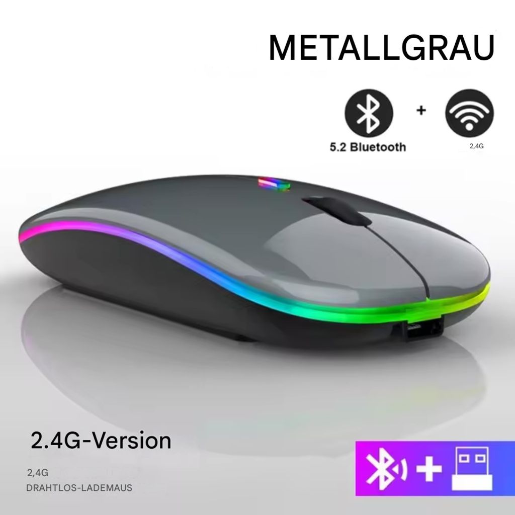 Kabellose RGB Gaming Maus – Wiederaufladbare Bluetooth Maus mit LED Hintergrundbeleuchtung, ergonomischem Design und 3600 DPI für Laptop und PC